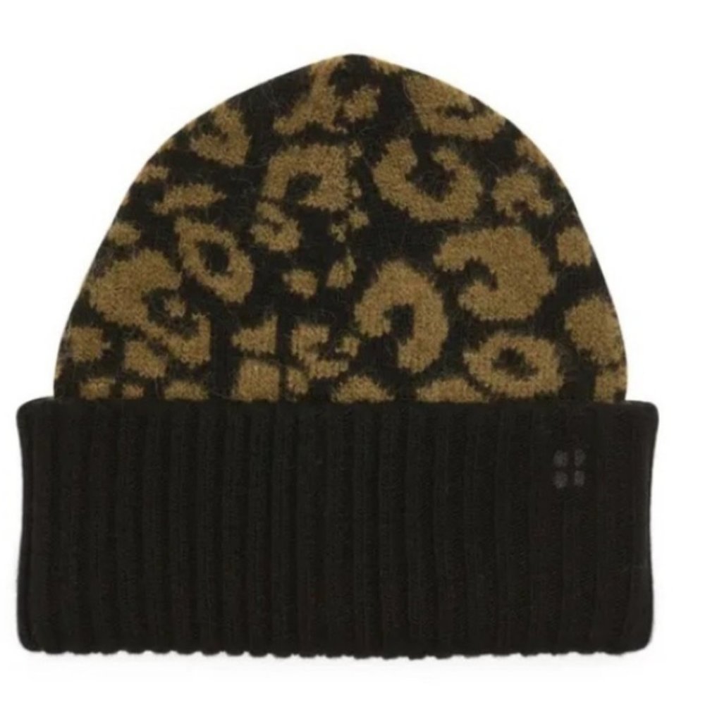 Sweaty Betty Wool Alpaca Blend Black Green Leopard Knit Jacquard Beanie  NWT